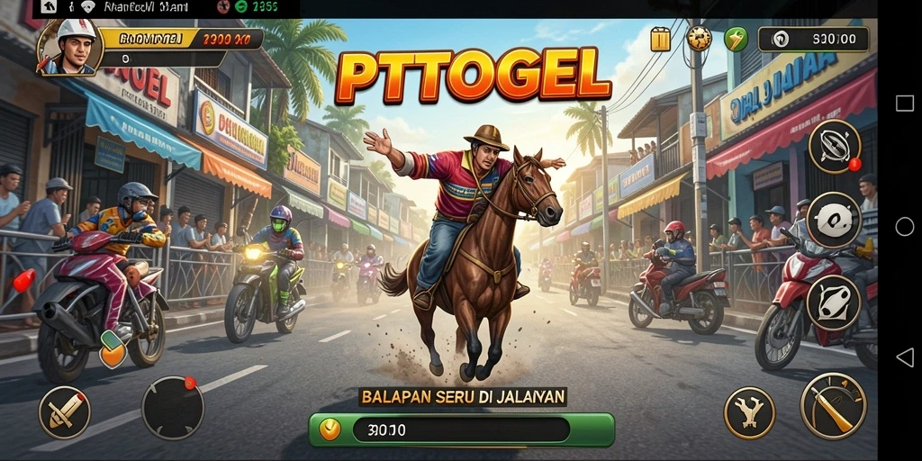 Gameplay PTTOGEL dengan mobil balap melaju kencang di jalanan.
