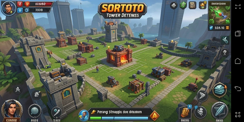 Tampilan gameplay intense SORTOTO dengan tower pertahanan yang strategis.